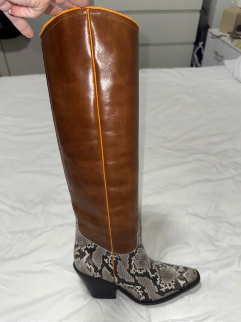 Tory Burch Tall Brown Leather and Snake-Print Knee Boots